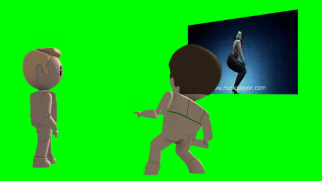 Two nude cartoon figures on a bright green background dance to a video