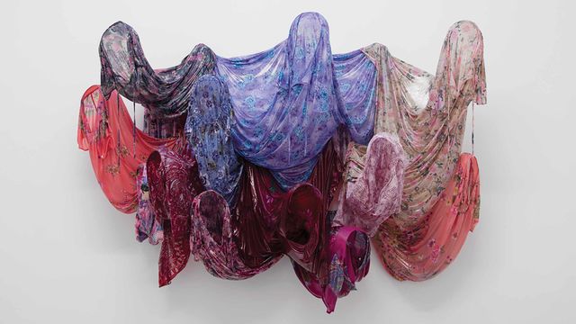 Kevin Beasley, Untitled (Crown), 2016. Resin, house dresses, kaftans. 68 x 98 x 29 in. (172.7 x 248.9 x 73.7 cm). Courtesy of the artist and Casey Kaplan, New York. Photo: Jean Vong.