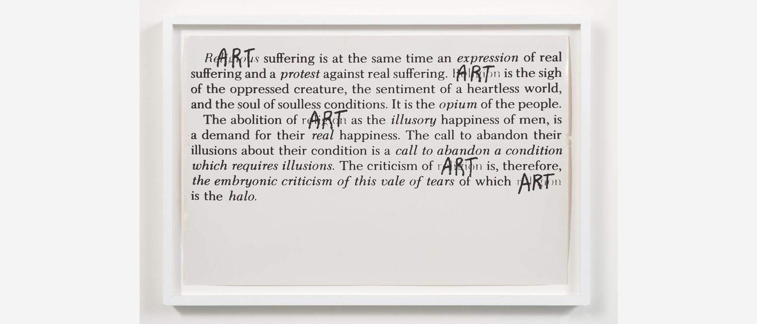 Fred Lonidier, Art is Opium, 1973. Vintage black and white photograph. 13 x 20 in. (33 x 50.8 cm). Hammer Museum, Los Angeles. Purchased with funds provided by The Buddy Taub Foundation, Dennis A. Roach and Jill Roach, Directors.