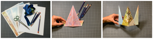 Three side by side photos: left photo showing unfolded paper with pencil and scissors laid on top, middle photo showing a paper folded into a triangle colored with red pencil held by a hand, third photo showing three-pronged folded paper with hand holding from the left side.