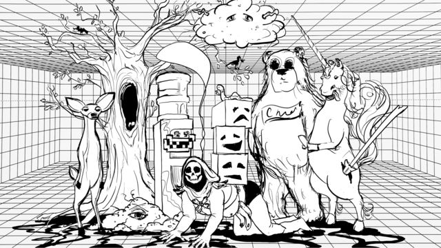 A hand-drawn black-and-white illustration with a variety of cartoonish characters called Lowlifes standing in a room with a floor-to-ceiling grid.