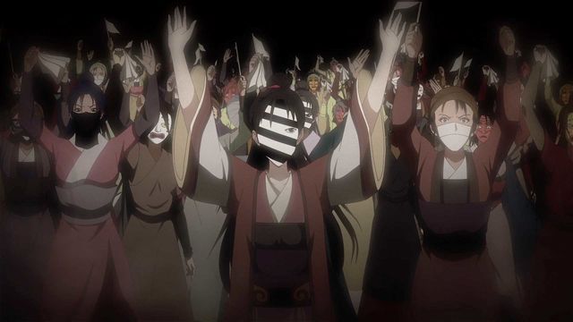 A crowd of anime characters wearing robes and various masks stand with their arms up and their eyebrows furrowed. 