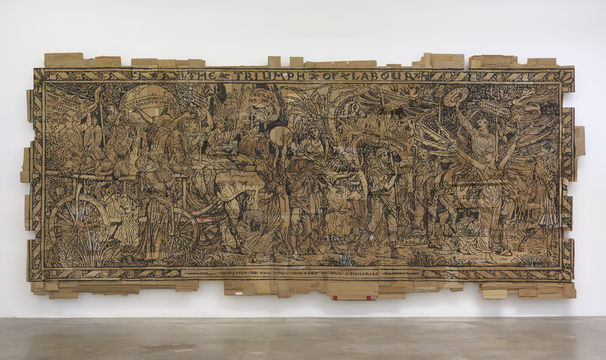 A large drawing made on top of cardboard boxes showing people laboring. 