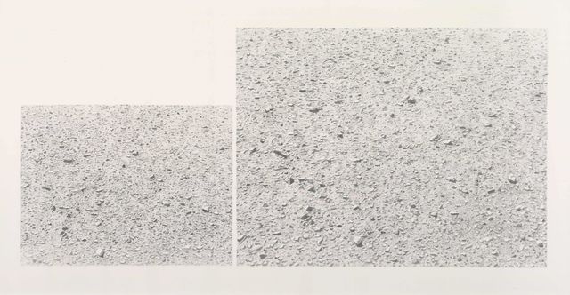 A graphite drawing on paper of the desert floor contained in two differently sized, side-by-side rectangles