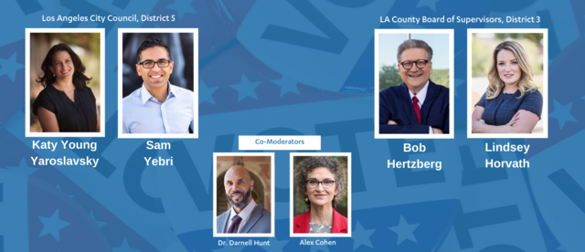 Headshot photos of political candidates on a blue background