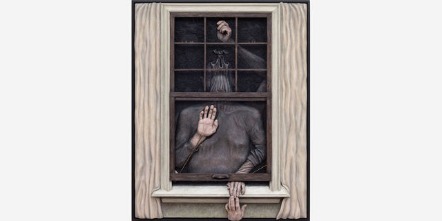Dimensional painting of a figure with shrouded face, reaching into a window to clasp another hand