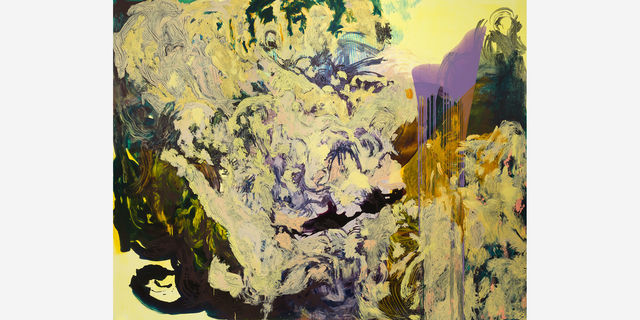 Abstract painting in green and lavender tones