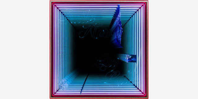 Colorful, infinitely mirrored square artwork etched with "Smile now, cry later"