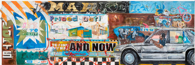 Large collaged painting of a family car driving past a wall covered in painted signs