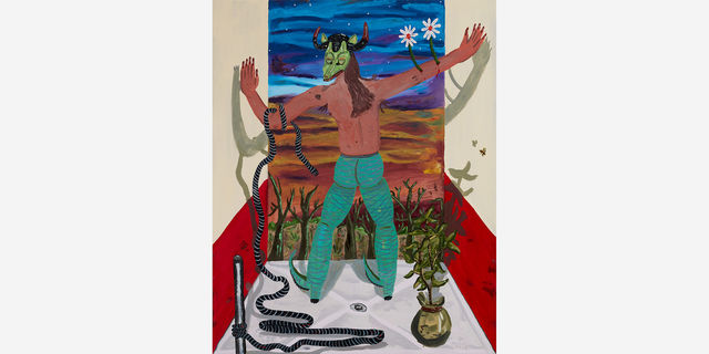 Painting of a shirtless figure wearing an animal mask, one arm caught in a rope