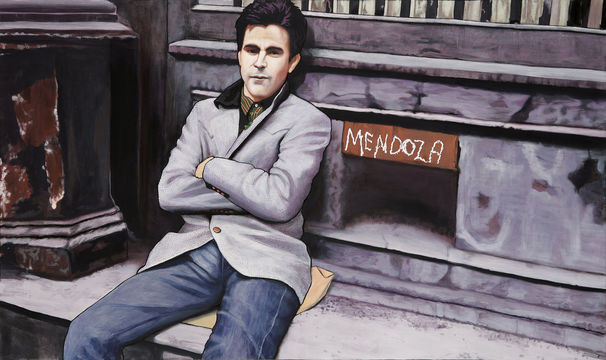 Painting of a man, sitting with arms crossed next to a piece of graffiti reading "Mendoza"