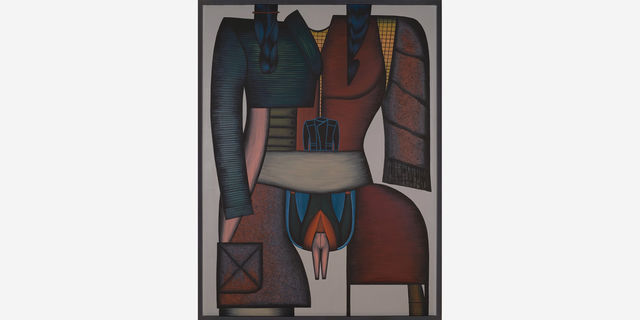 Painting of a disembodied female form, wearing a jacket, a pair of pants emerging from her vulva