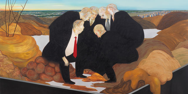 Painting of a group of men in suits huddling together