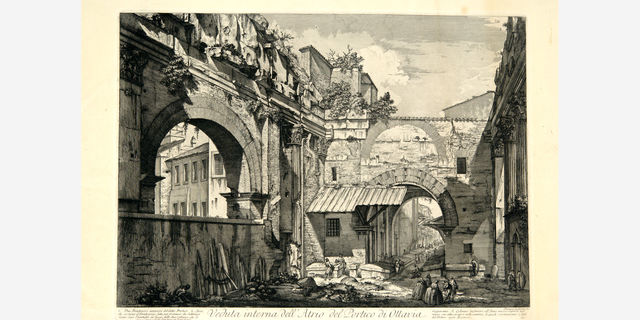 An old sketches depicting a street scene with a historic building in the background