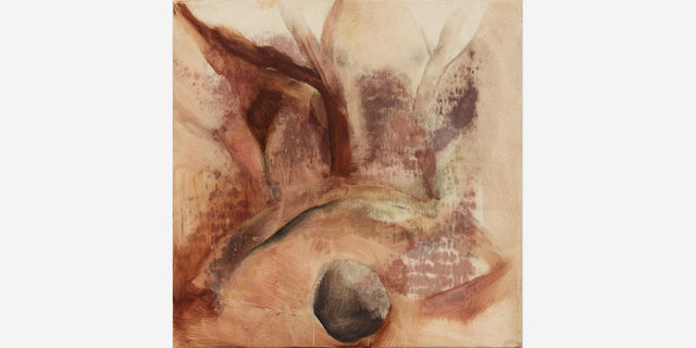 Abstract painting in peach, red, and orange tones