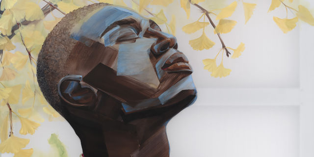 Expressive painting of a Black man, face turned toward the sun, in front of a gingko tree with yellow leaves