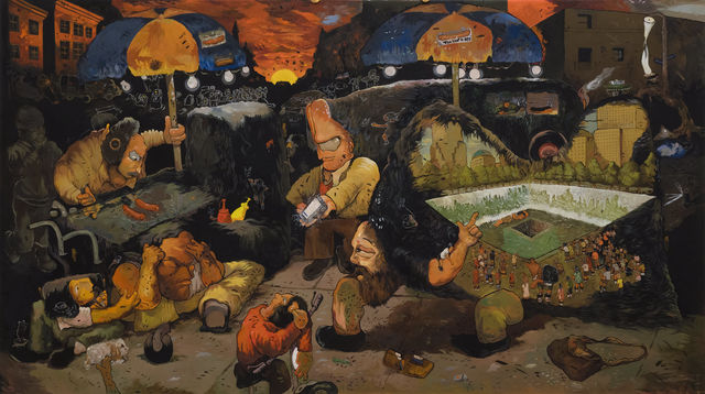 A surreal, sometimes grotesque view of a hot dog cart next to the 9-11 memorial