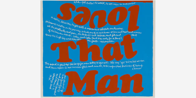 Colorful screenprint with "loves That Man" in bright red on a blue background