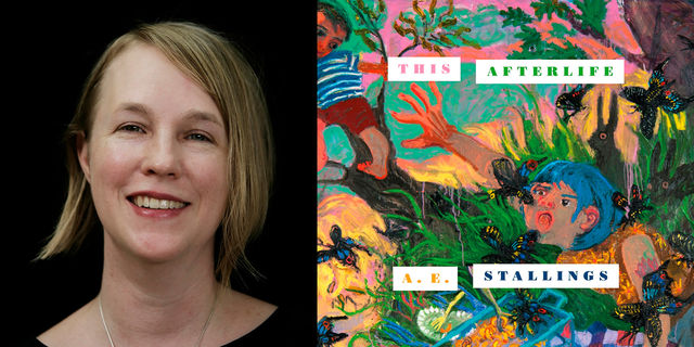 Headshot of A.E. Stallings alongside her bookcover