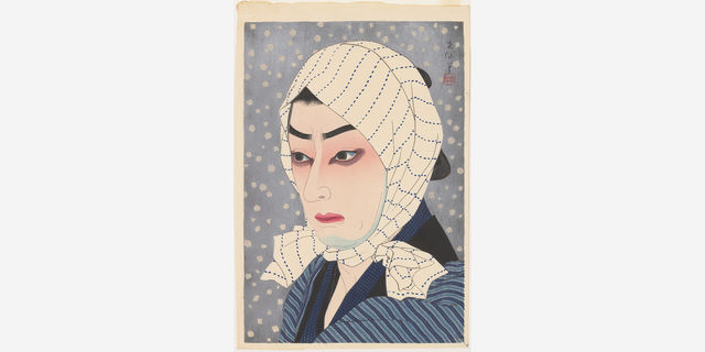 A Japanese woodblock print depicting the bust of a person in 3/4 view, looking to the viewer's left. The person has white skin, red lips, and dark shadows under the eyes, and wears a blue striped piece of fabric over the head and tied under the chin. The figure is wearing a blue striped shirt with black color, and the background is ligh tblue with small white circles as if to depict snow. At upper right is Japanese caligraphy and a red real. 