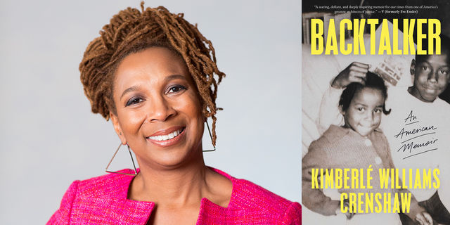 Headshot of Kimberlé Crenshaw alongside her book "Backtalker: An American Memoir"