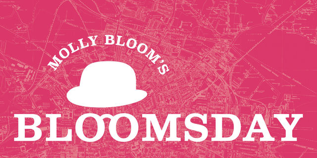 Pink graphic with white text reading Molly Blooms' Bloomsday