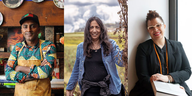 Headshots of Marcus Samuelsson, Laurie Ochoa, and Sandra Jackson-Dumont