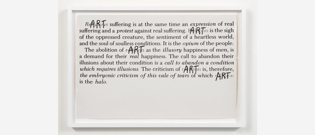 Fred Lonidier, Art is Opium, 1973. Vintage black and white photograph. 13 x 20 in. (33 x 50.8 cm). Hammer Museum, Los Angeles. Purchased with funds provided by The Buddy Taub Foundation, Dennis A. Roach and Jill Roach, Directors.