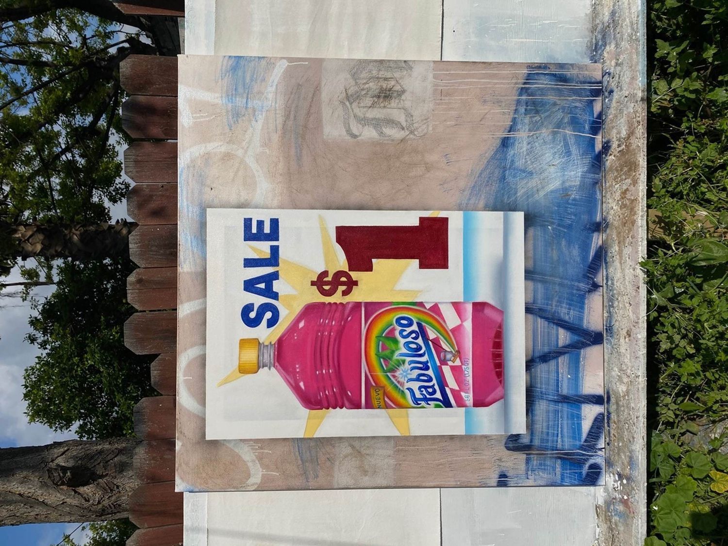 A painting of a bottle of pink cleaning agent