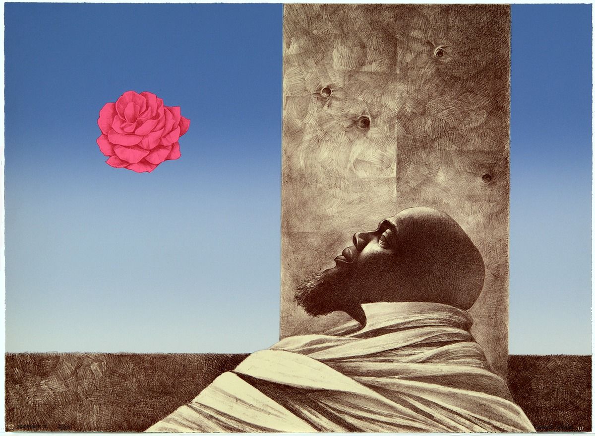 An artwork of a man in a cloak looking up at a pink rose