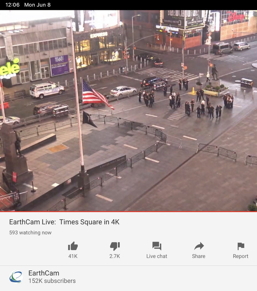 A screenshot of a livestream of police officers in Times Square, New York