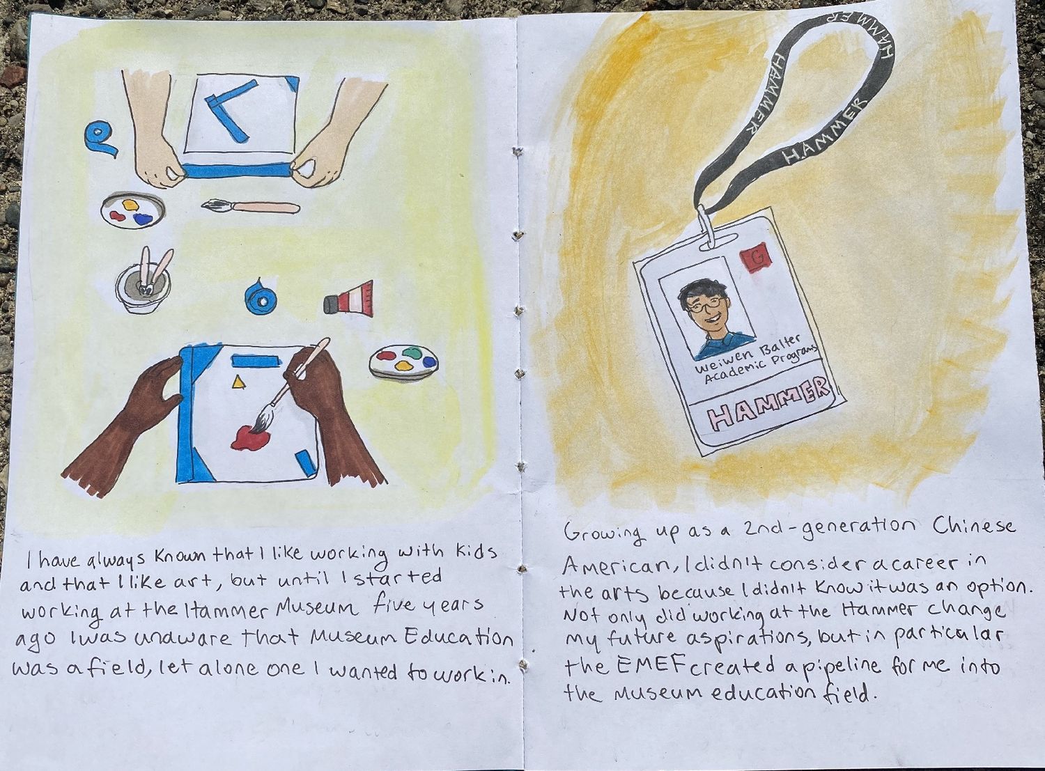 The first pages of Weiwen's journal, with illustrations of artmaking and their Hammer ID badge.