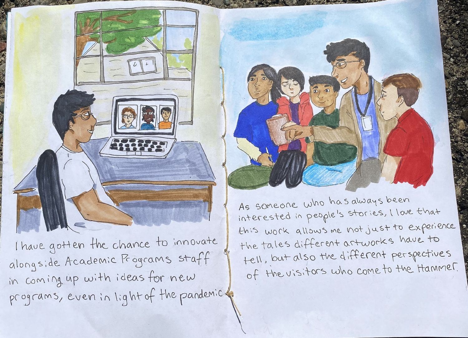 The third page of Weiwen's journal, showing them videochatting at a computer and then kneeling with children to look at art.