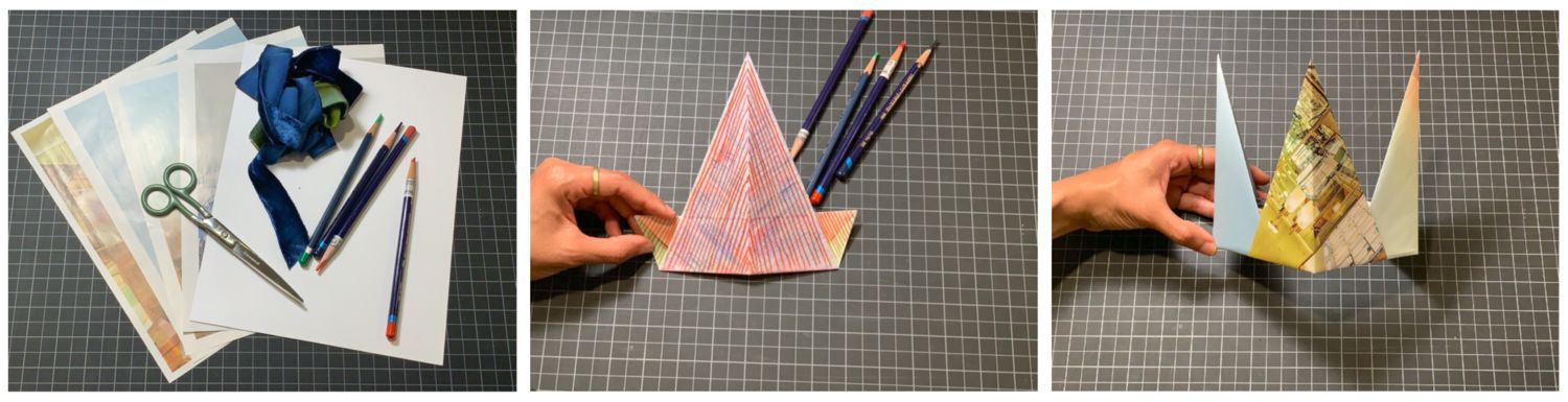 Three side by side photos: left photo showing unfolded paper with pencil and scissors laid on top, middle photo showing a paper folded into a triangle colored with red pencil held by a hand, third photo showing three-pronged folded paper with hand holding from the left side.