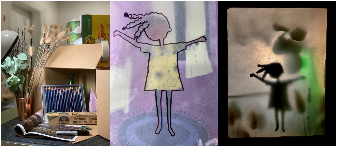 Three images side by side: the first is a cardboard box with colored pencils, the second is an outline drawing of a young girl on a transparent sheet, the third is a shadowbox with the black figure of the girl in the center.