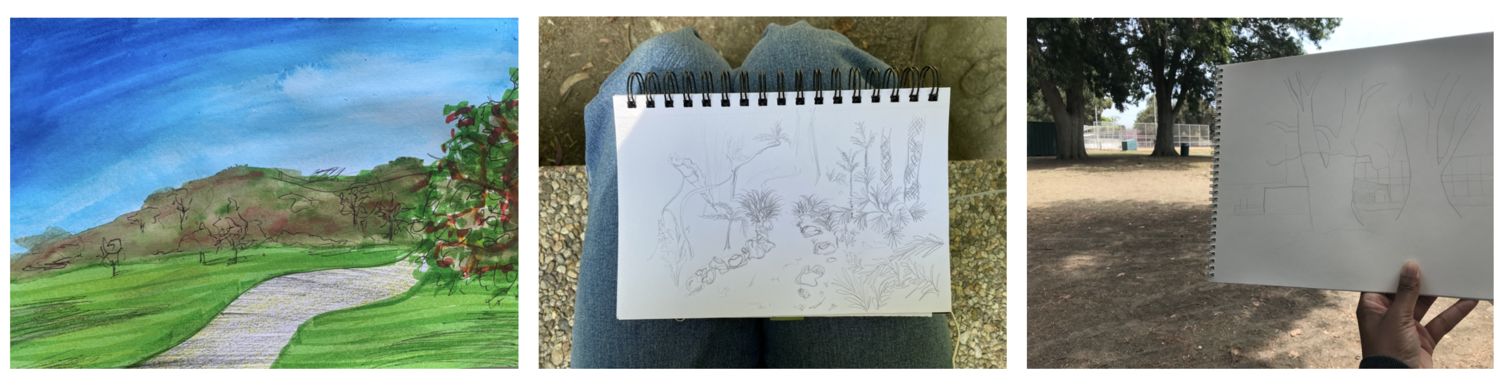 Three pictures side by side of drawings of parks