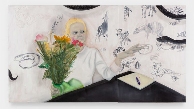 A figure holds a vase of flowers and is reaches their hand out to a snake.