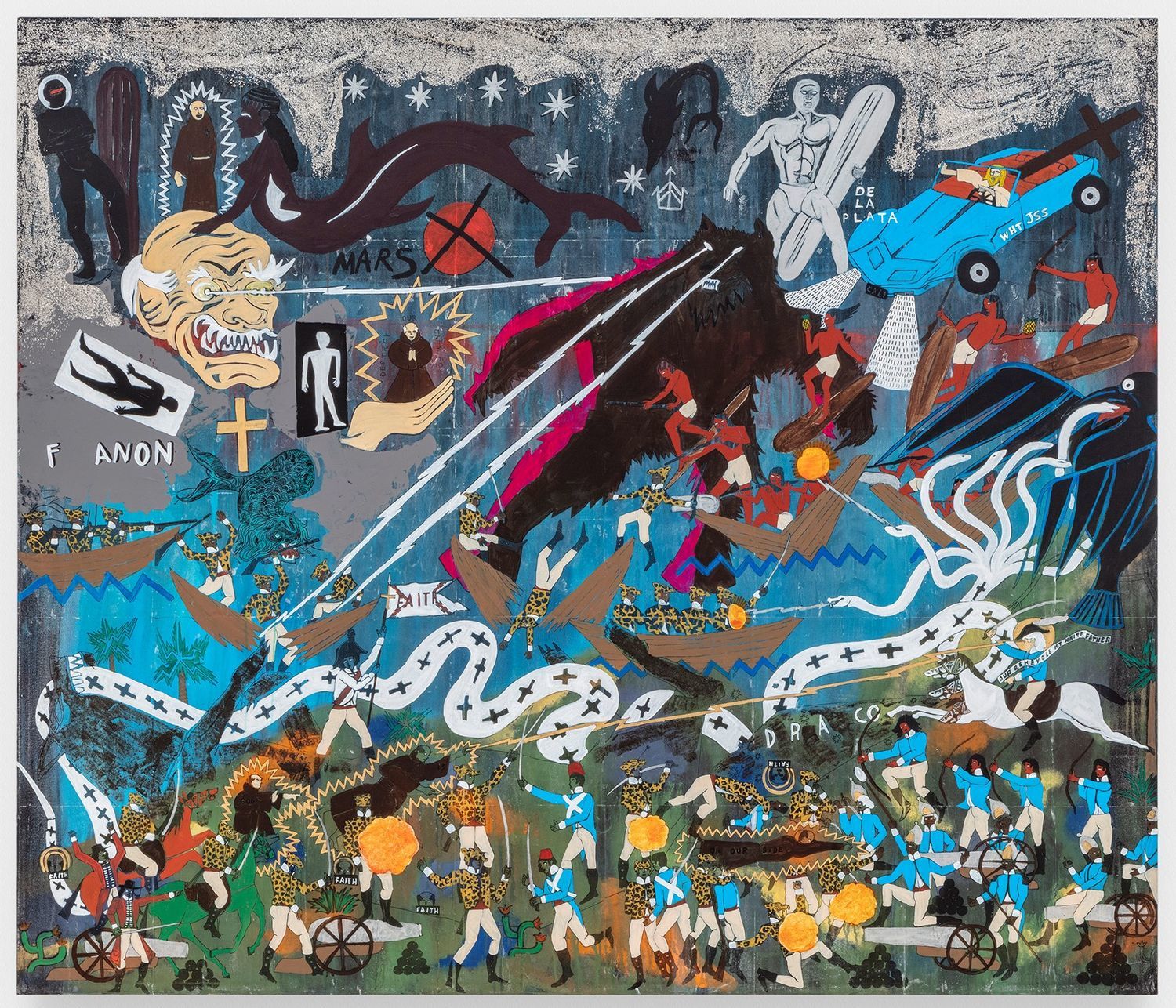 A colorful canvas of a busy mythical battle scene