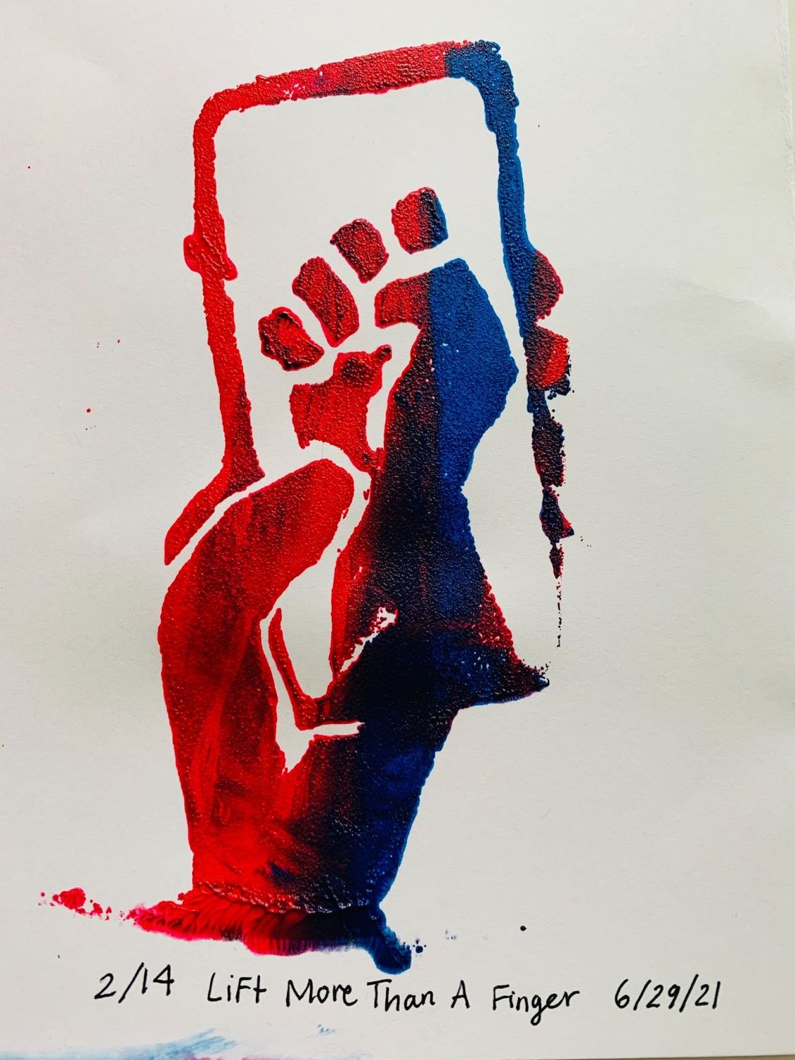 A screenprint of a hand holding a phone