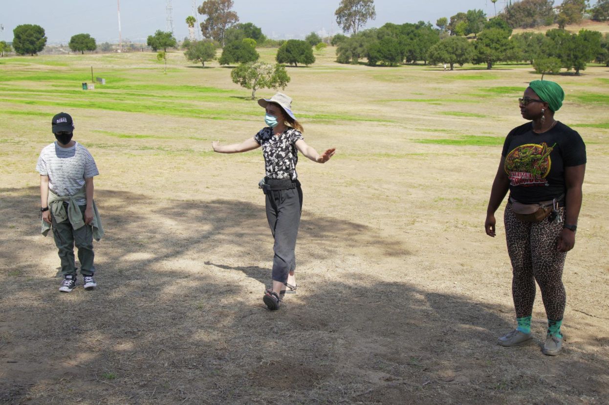 Three people are standing far apart in a park with green grass looking at one another.