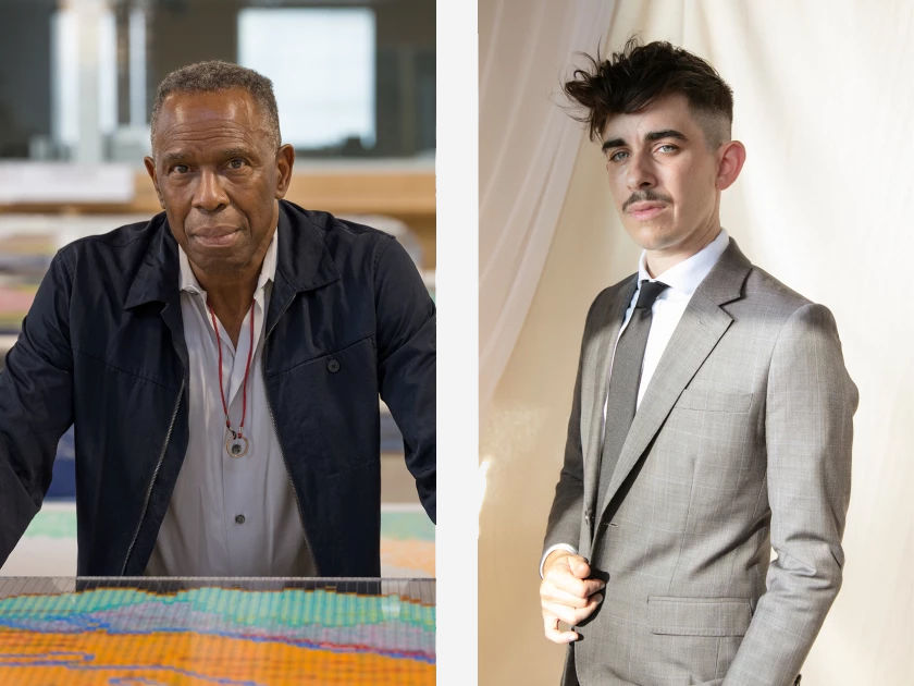 Side-by-side photo portraits of Charles Gaines and Chase Strangio