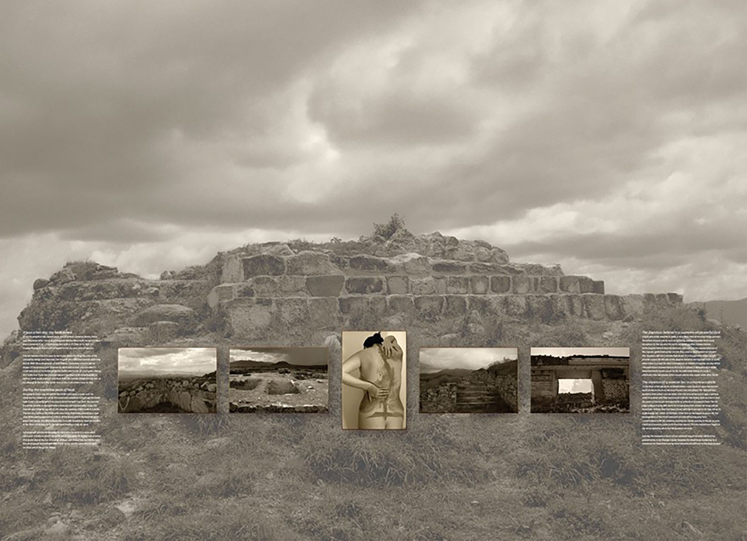 Black and white landscape image with other photos overlayed