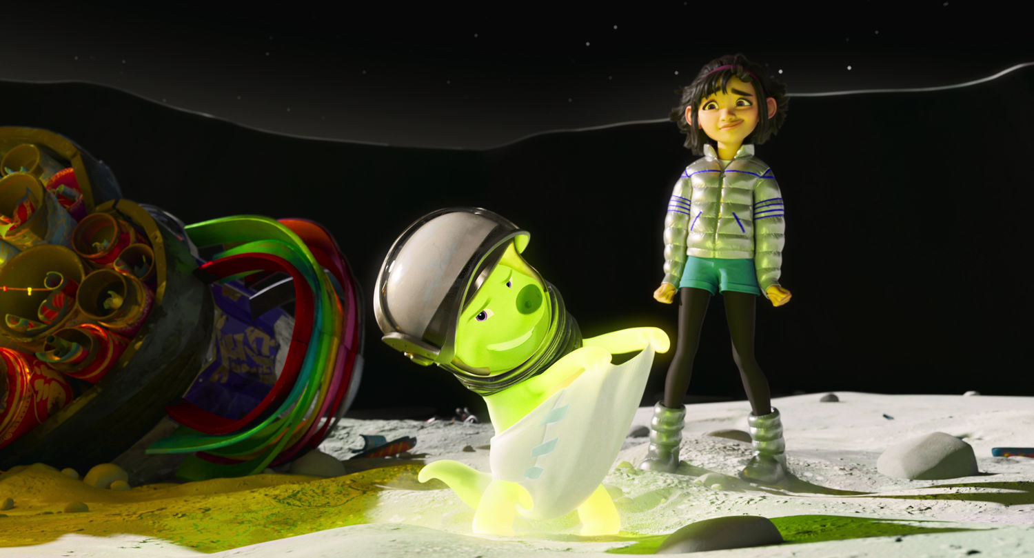 an animation image of a girl and a puppy in helmet stand together on the moon
