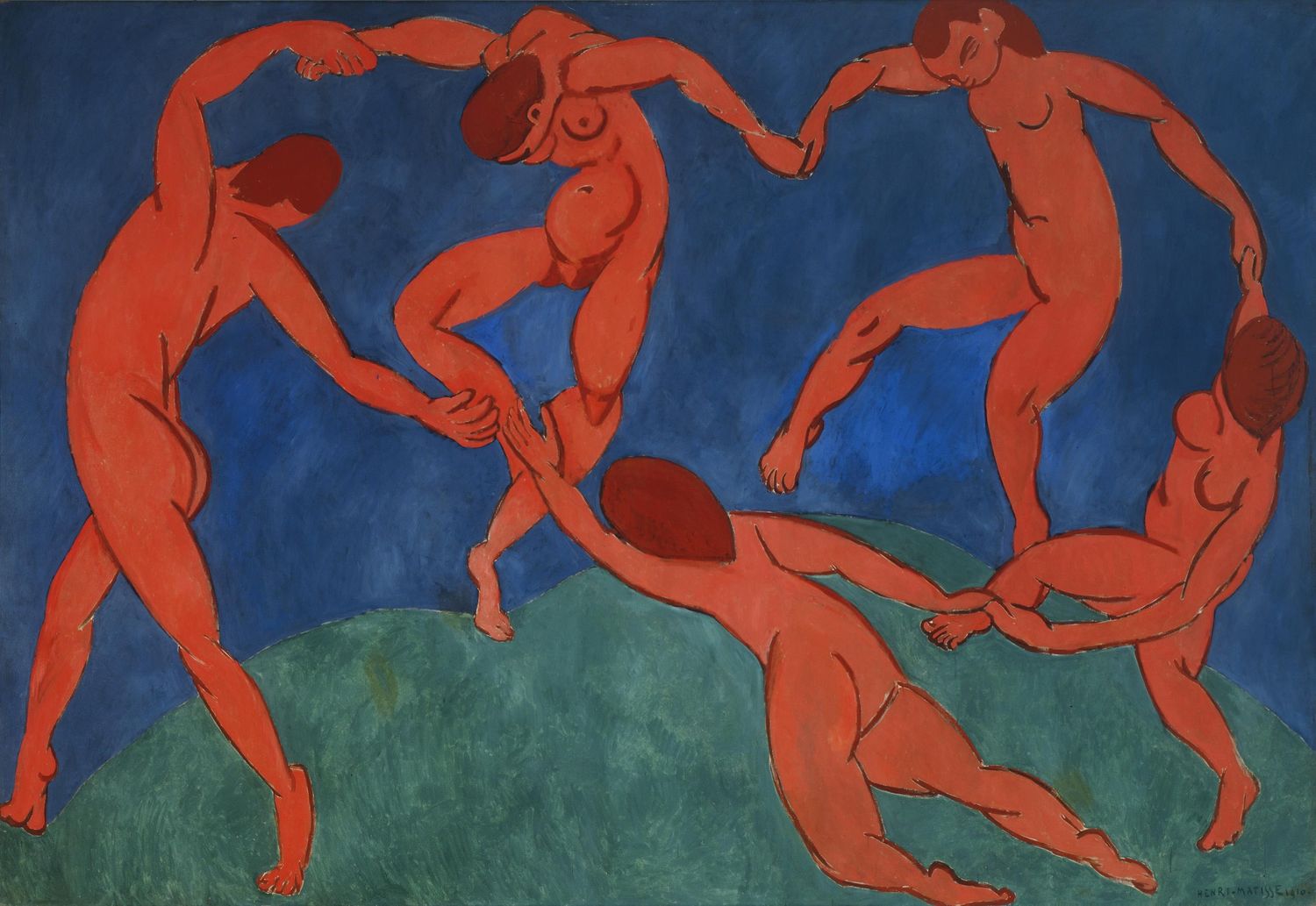 painting of 5 red figures dancing