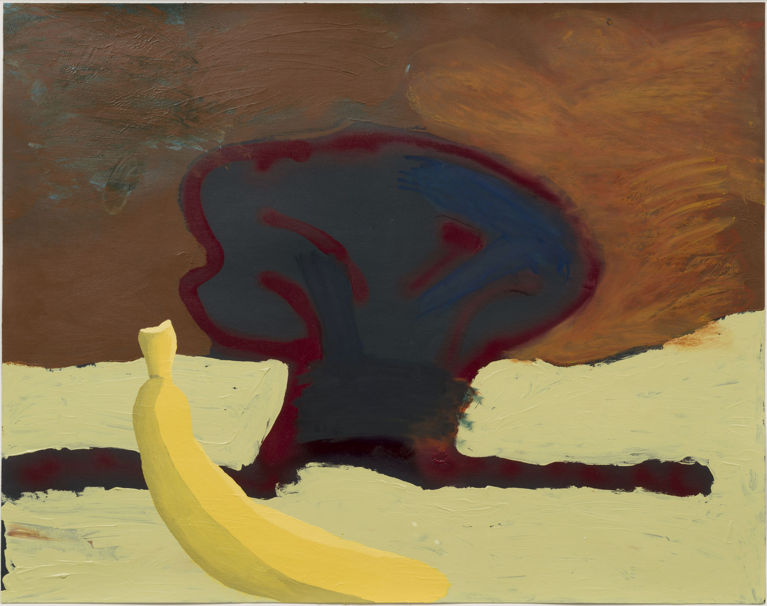 Painting of a banana set against a brown and yellow background