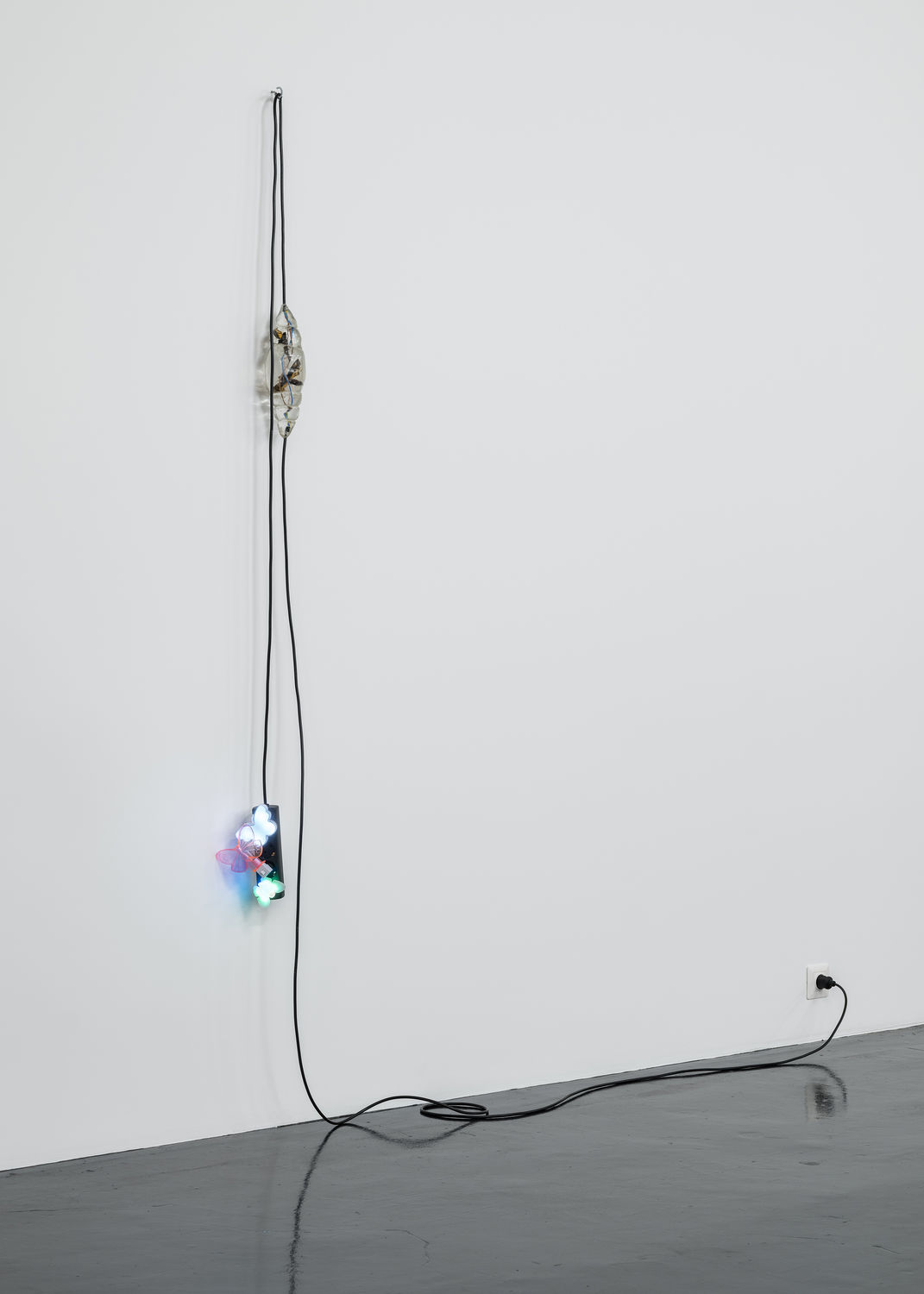 A black extension cord hangs from a wall, with three butterfly nightlights plugged into it