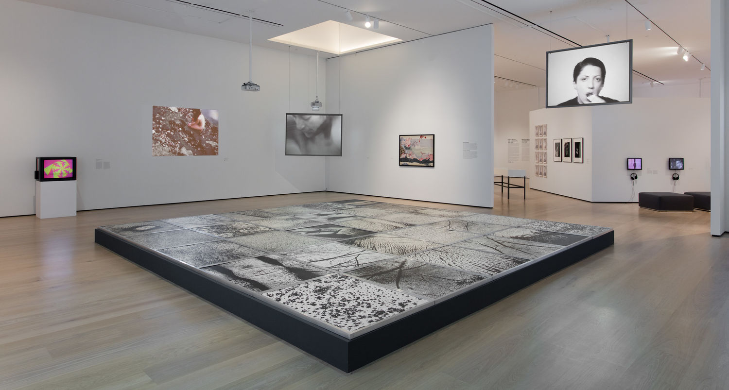 In the Body as Landscape section of the exhibition, the floor is dominated by Epidermic Scapes (1977/1982), an installation by Vera Chaves Barcellos composed of large scale photographs showing details of the body. Projected on the left wall is Ana Mendiata’s Corazón de Roca con Sangre (Rock Heart with Blood) (1975), in which she takes a heart-shaped rock and covers it in blood, laying it in one of her “Siluetas” sculptures before placing her naked body over it.