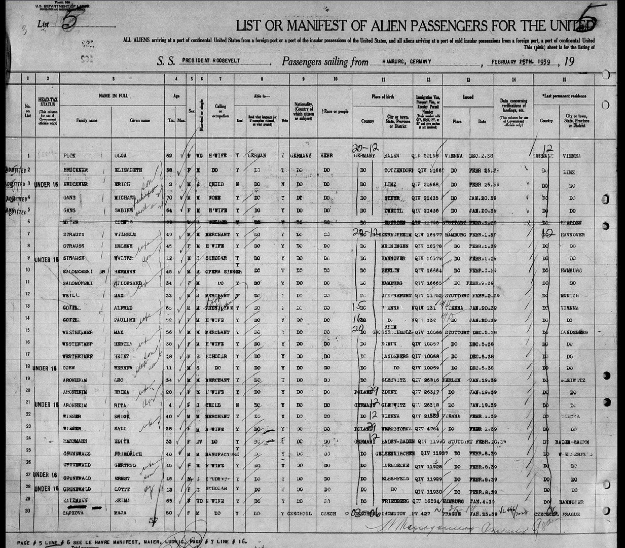 Ship Manifest, S.S. President Roosevelt, February 15, 1939. National Archives, Washington, DC/Ancestry.com