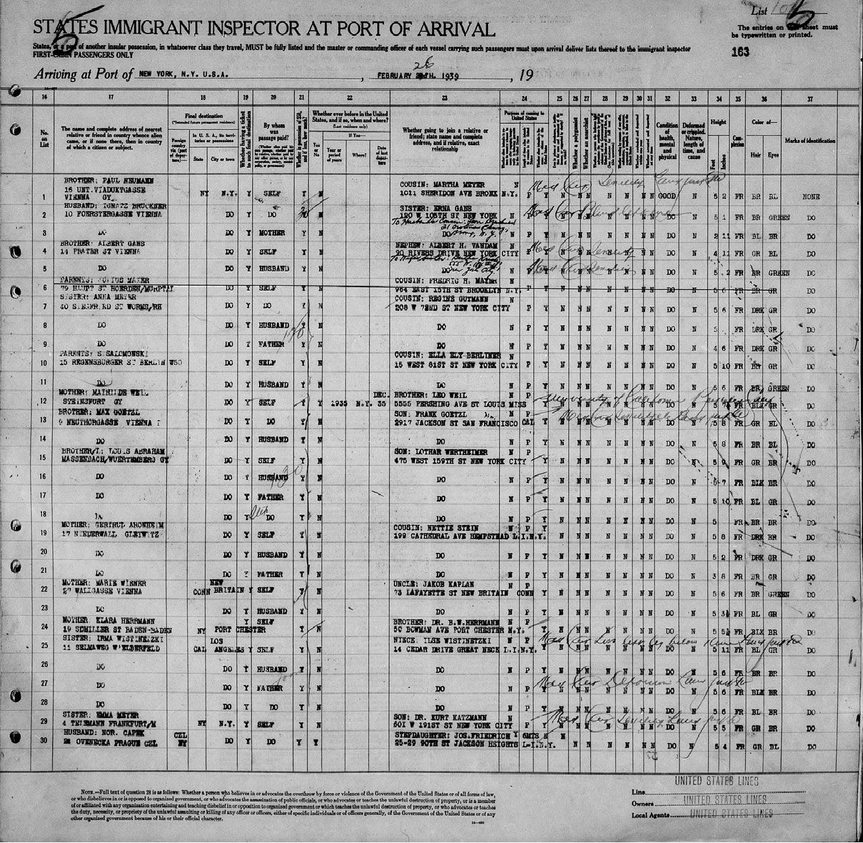 Ship Manifest, S.S. President Roosevelt, February 15, 1939. National Archives, Washington, DC/Ancestry.com