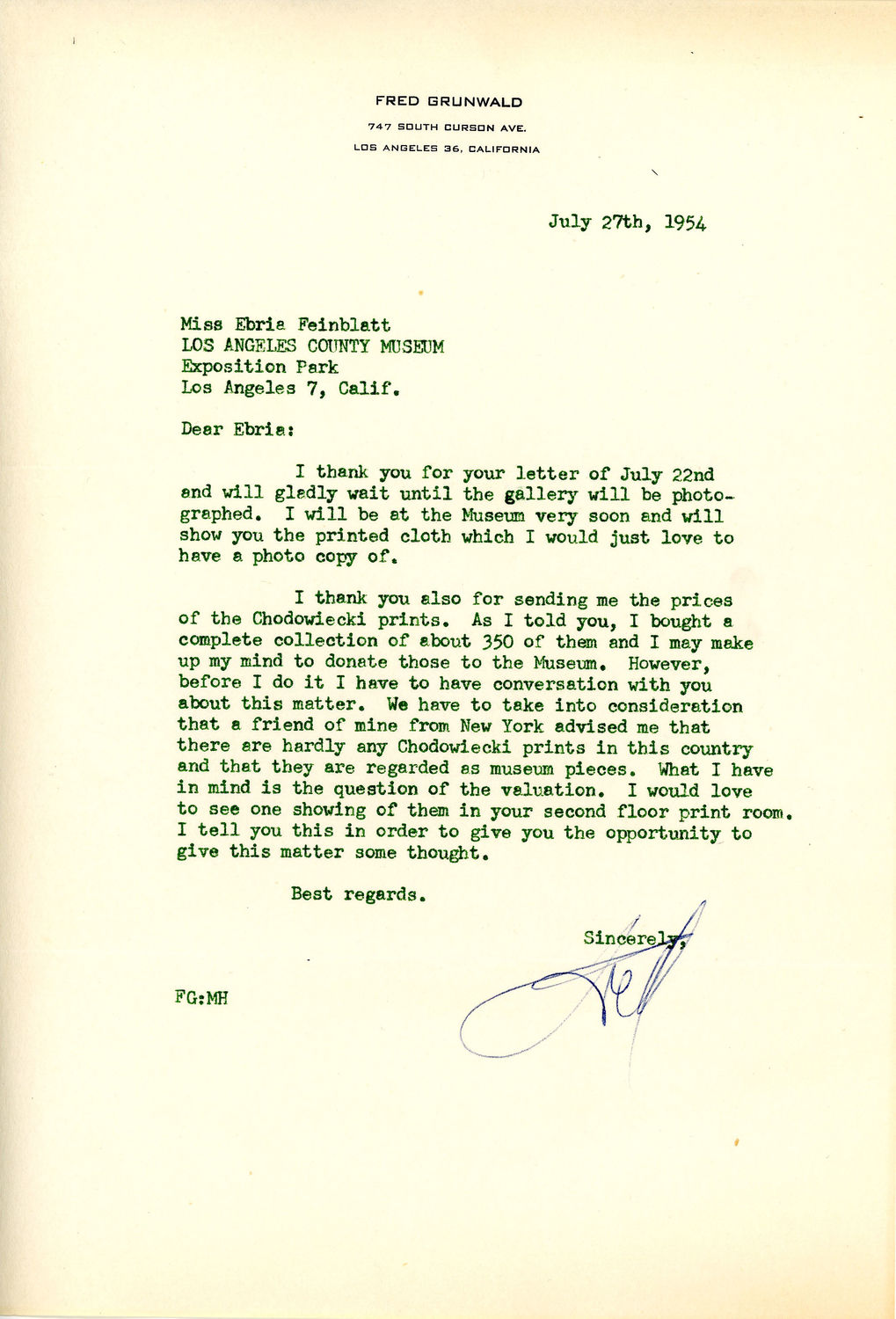 Letter from Fred Grunwald to Ebria Feinblatt, July 27, 1954. Photo courtesy Museum Associates/LACMA.